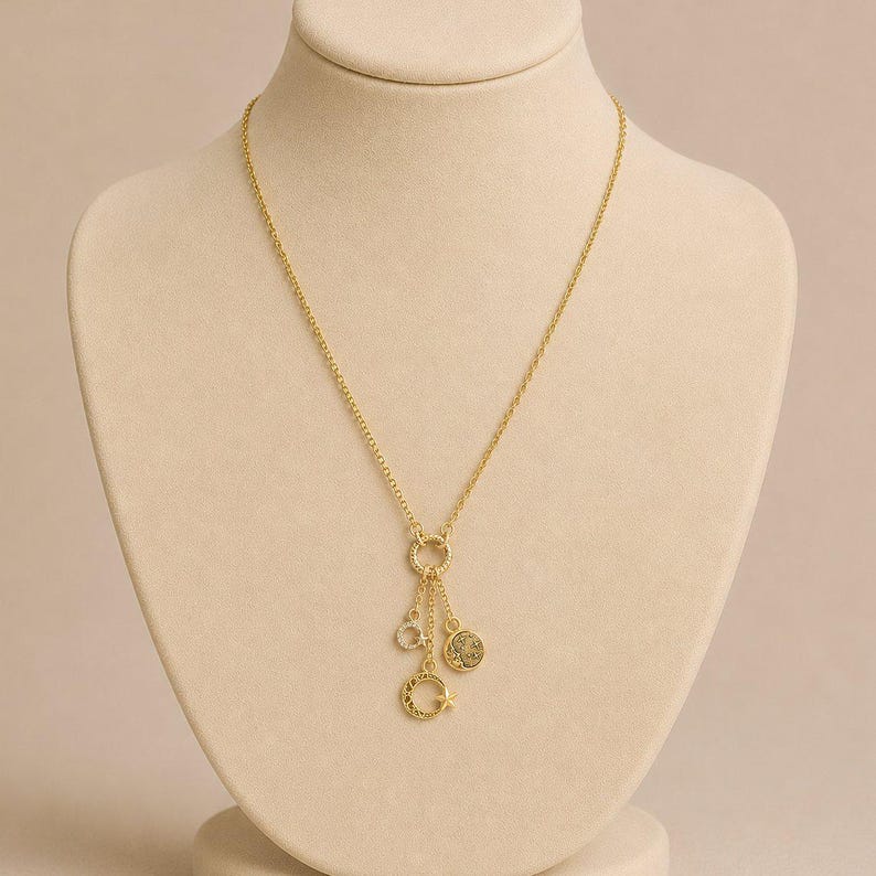 Crescent Moon Star Charm Keeper Necklace, Gold - 18 - 24 inches - - LadybugfeetDesigns -