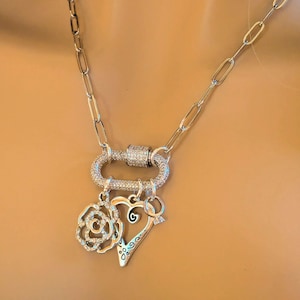 Romantic Rose, Heart, Diamond Ring Carabiner Necklace, Silver - 20 inch - - LadybugfeetDesigns -