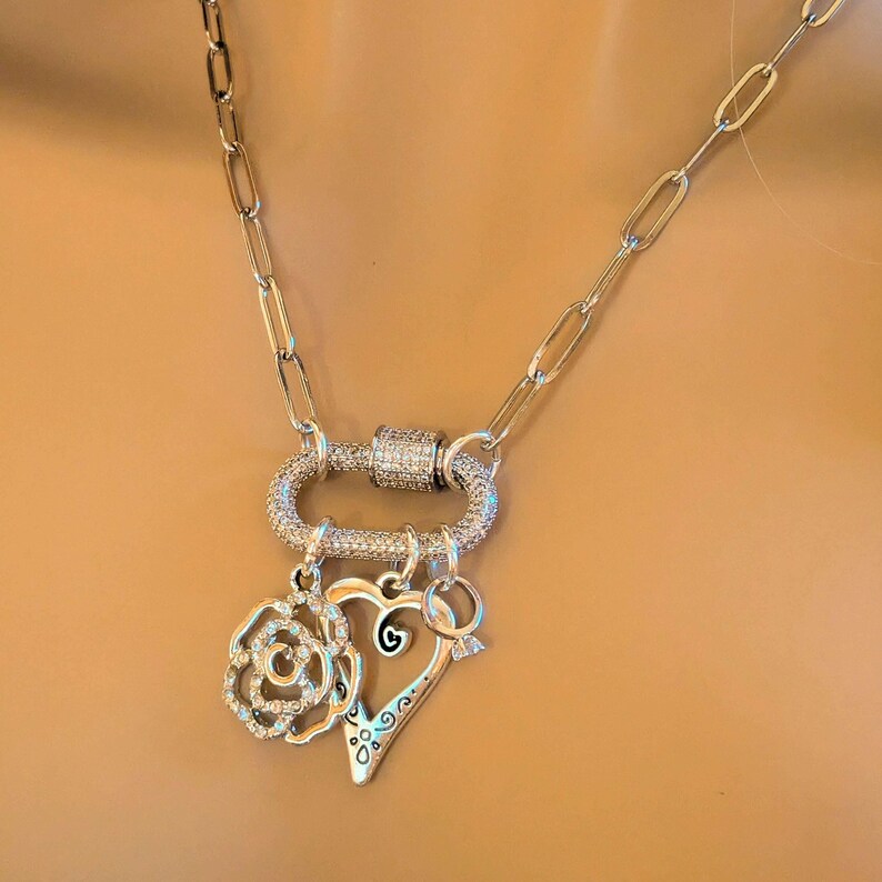 Romantic Rose, Heart, Diamond Ring Carabiner Necklace, Silver - 20 inch - - LadybugfeetDesigns -