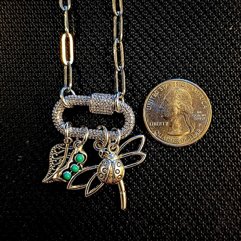 Large Dragonfly, Garden Friends Carabiner Necklace, Silver - Adjusts up to 20 inches - - LadybugfeetDesigns -