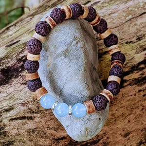 Aquamarine Gemstone Lava Bead Stretch bracelet-MARCH Birthstone - - LadybugfeetDesigns -