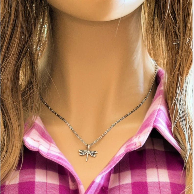 Dragonfly Necklace, Silver - 20 inch - - LadybugfeetDesigns -