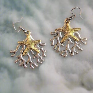 Starfish & Coral dangle earrings, Two-Tone - - LadybugfeetDesigns -