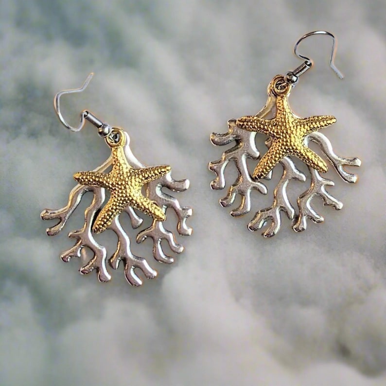 Starfish & Coral dangle earrings, Two-Tone - - LadybugfeetDesigns -