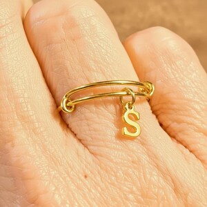 Rose Gold Filled Initial Charm Ring/Gift for her - - LadybugfeetDesigns -