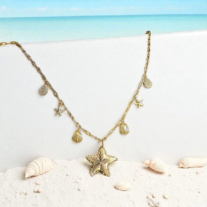 Beach Vibes Multi Charm Link Necklace, Gold- 20 inch - - LadybugfeetDesigns -