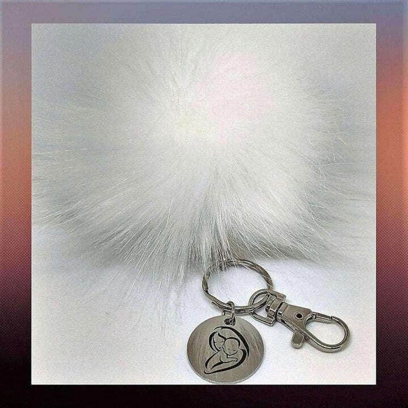 Mother and Child Keychain/Faux Fur Pom Pom Charm Key Chain-Purse Charm/Journal Charm - - LadybugfeetDesigns -