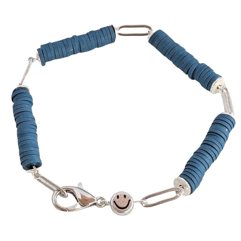 Dark Blue Smiley Stainless Steel Paperclip Chain Bracelet - - LadybugfeetDesigns -