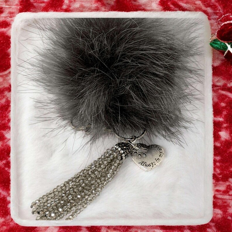Always in My Heart Keychain/ Faux Fur Pom Pom and charm Key Chain-Purse Charm/Journal Charm - - LadybugfeetDesigns -