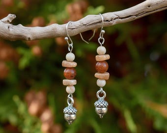 Acorn Beaded Sunstone Hook Earrings, Silver