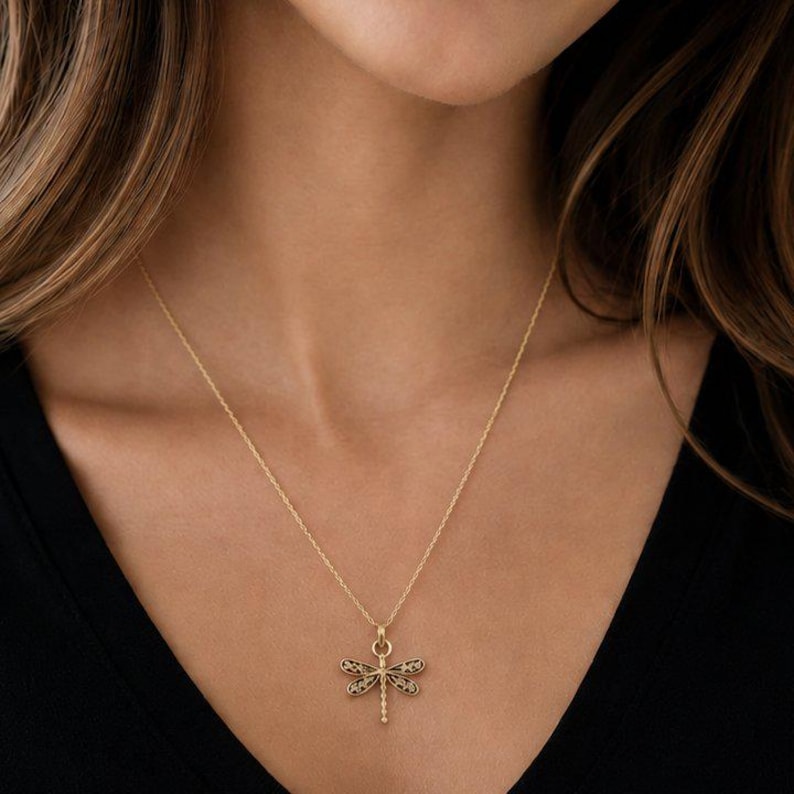 Dragonfly Necklace, Gold - 20 inches - - LadybugfeetDesigns -