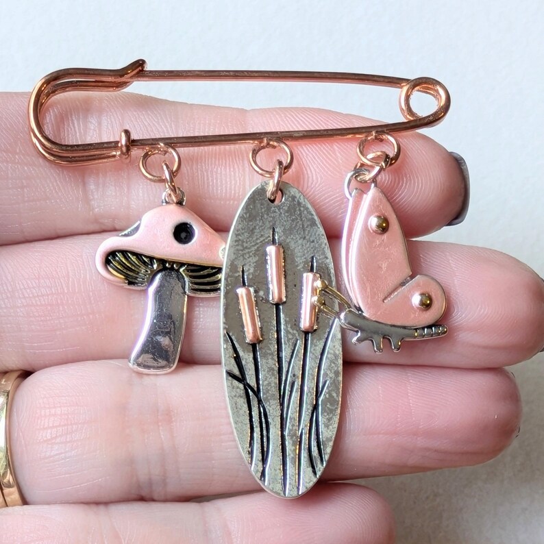 Whimsical Nature Safety Pin Brooch, Purse Charm, Rose Gold - - LadybugfeetDesigns -