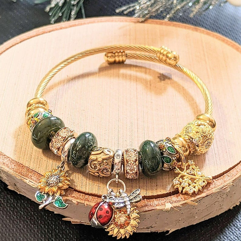 Garden Party Euro Cuff Wrap Bracelet, Gold - - LadybugfeetDesigns -