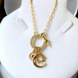 Opal Sun, Crescent Moon and Heart Shackle Clasp Carabiner Necklace, Gold - Adjusts up to 20 inches - - LadybugfeetDesigns -
