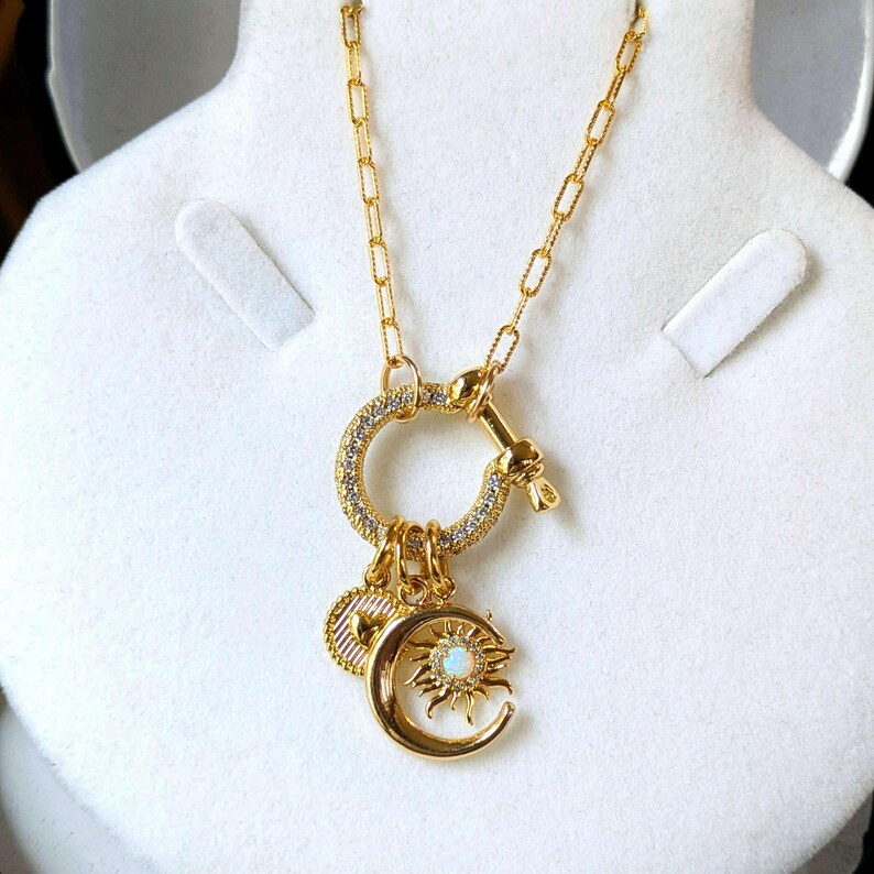 Opal Sun, Crescent Moon and Heart Shackle Clasp Carabiner Necklace, Gold - Adjusts up to 20 inches - - LadybugfeetDesigns -