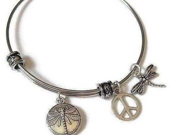 On Sale DRAGONFLY Peace Sign Stainless steel fancy adjustable bangle