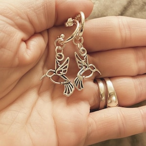 HUMMINGBIRD Hoop Earrings,Silver - 12mm - - LadybugfeetDesigns -