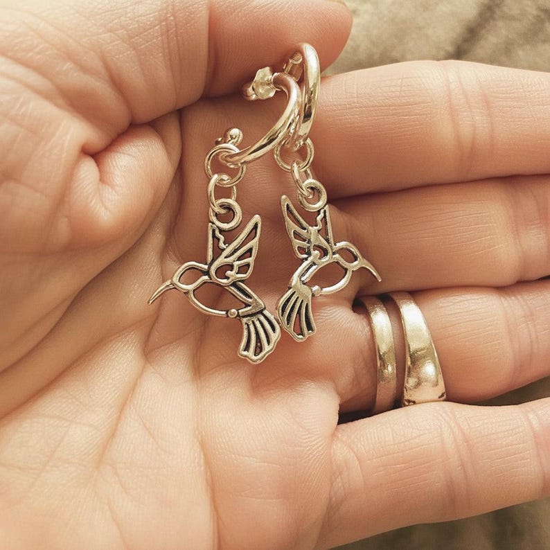 HUMMINGBIRD Hoop Earrings,Silver - 12mm - - LadybugfeetDesigns -