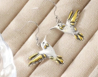 Rustikale Kolibri Haken Ohrringe, Silber