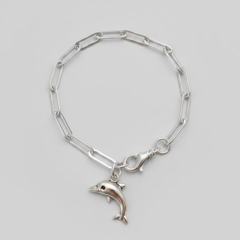 Dolphin Stainless Steel Paperclip Chain Bracelet, Silver - - LadybugfeetDesigns -