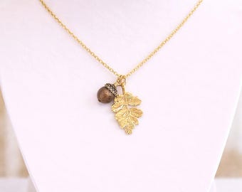 Acorn Eichenblatt Halskette, Gold