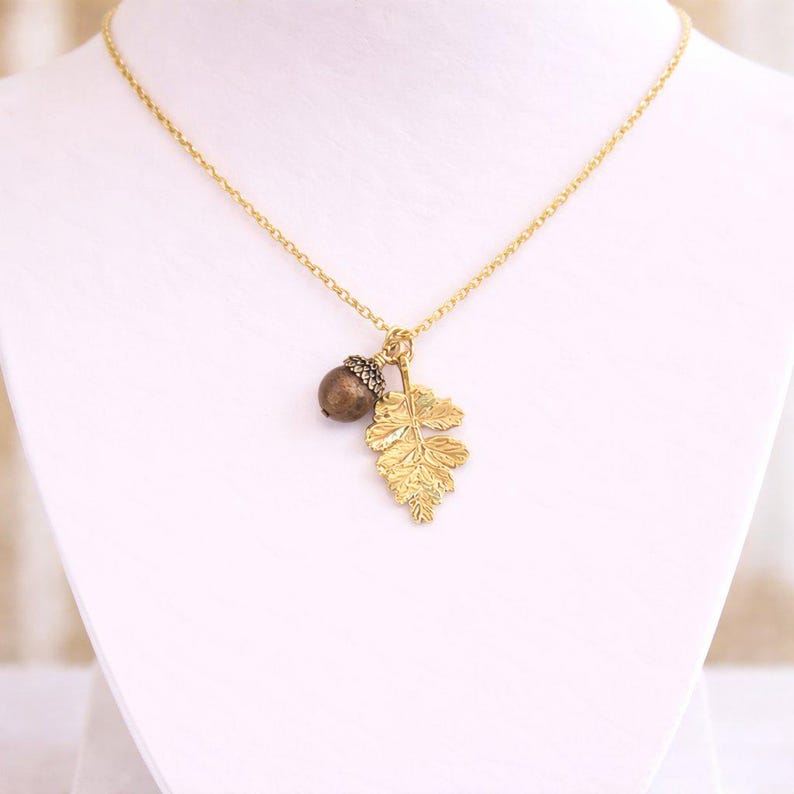 Acorn Oak Leaf Necklace, Gold - - LadybugfeetDesigns -