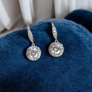 CZ Diamond Halo Earrings-APRIL Birthstone-Wedding Jewelry - - LadybugfeetDesigns -