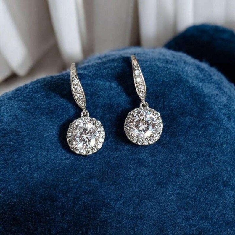 CZ Diamond Halo Earrings-APRIL Birthstone-Wedding Jewelry - - LadybugfeetDesigns -