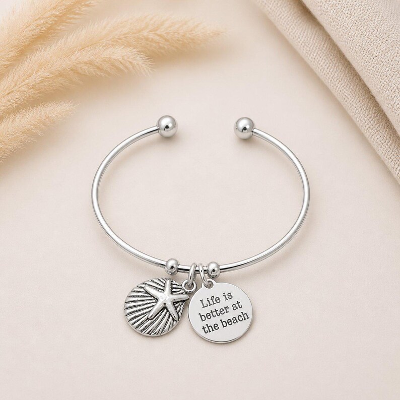 Life is Better at the Beach Euro Bangle Cuff, Silver - - LadybugfeetDesigns -