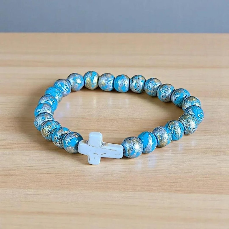Aqua Silver Gold Beaded Cross Stretch bracelet - - LadybugfeetDesigns -