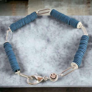 Dark Blue Smiley Stainless Steel Paperclip Chain Bracelet - - LadybugfeetDesigns -