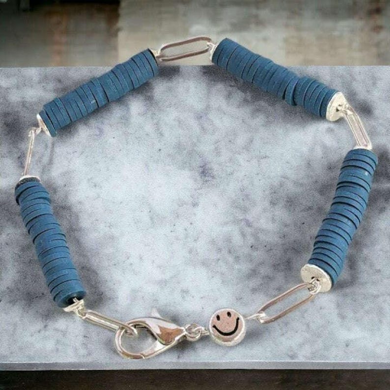 Dark Blue Smiley Stainless Steel Paperclip Chain Bracelet - - LadybugfeetDesigns -