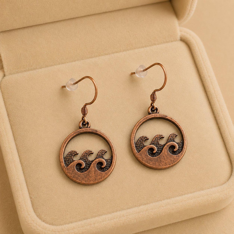 Ocean Wave dangle earrings, Copper/Rose Gold - - LadybugfeetDesigns -