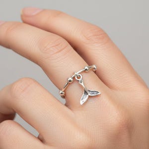 Sterling Silver Whale Tail Adjustable Charm Ring - - LadybugfeetDesigns -