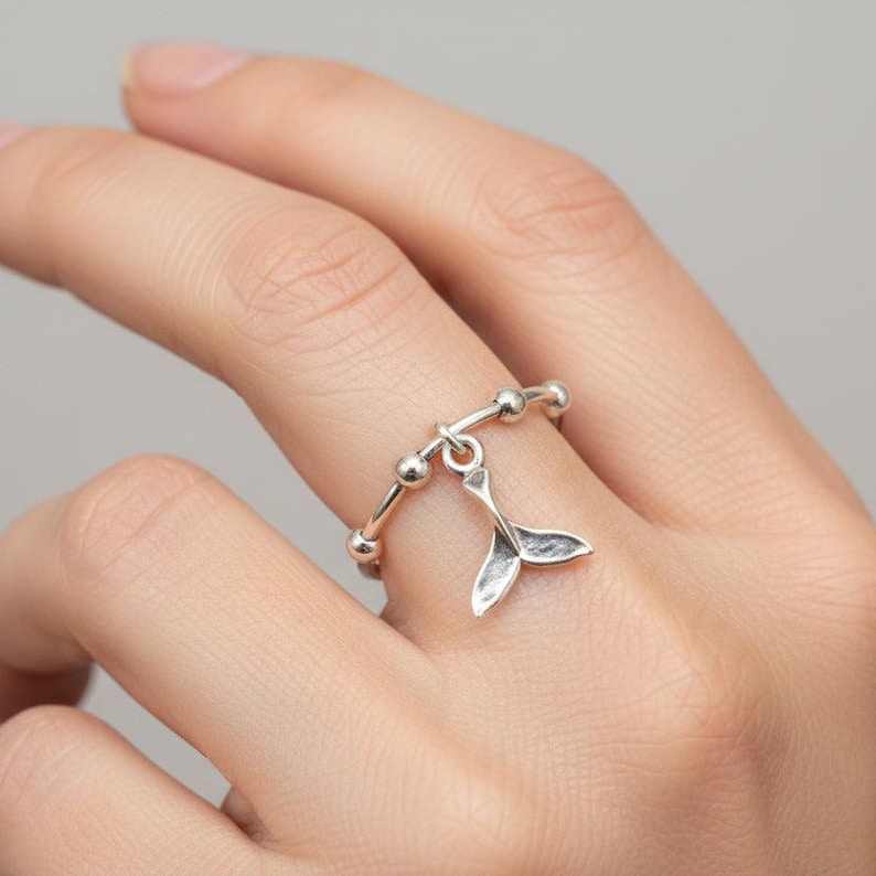 Sterling Silver Whale Tail Adjustable Charm Ring - - LadybugfeetDesigns -