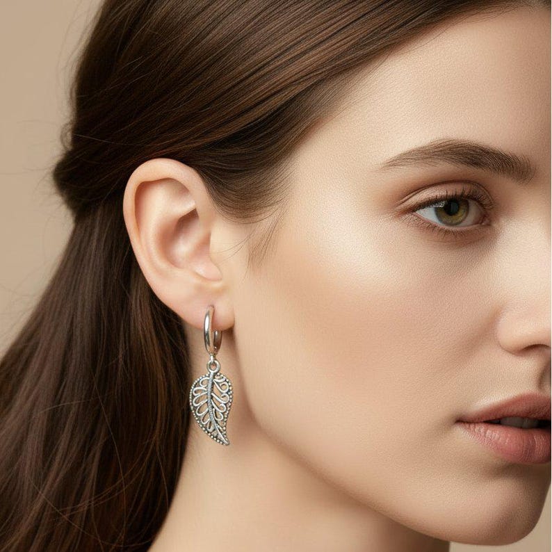 Filgree Leaf Hoop earrings, Silver - 10mm - - LadybugfeetDesigns -