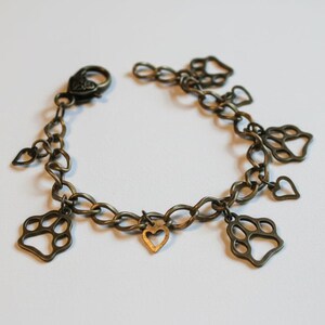 Paw Print Antique Gold Brass Charm Bracelet, Boho Charm Bracelet - - LadybugfeetDesigns -