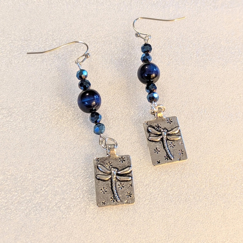 Blue Tiger's Eye Beaded Dragonfly Earrings - - LadybugfeetDesigns -