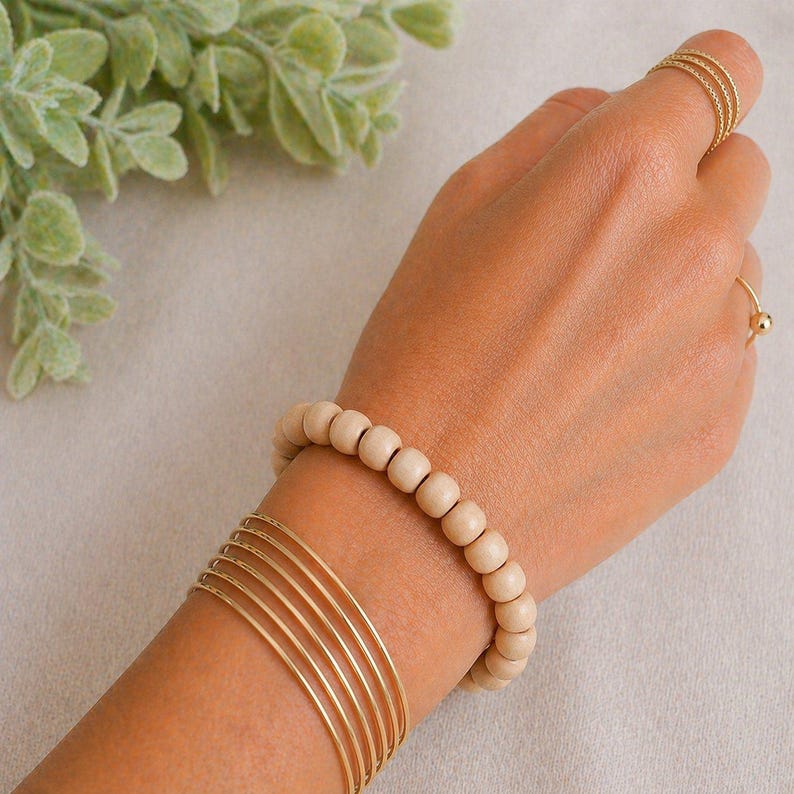 Ivory Wood Bead Stretch bracelet - Unisex - - LadybugfeetDesigns -