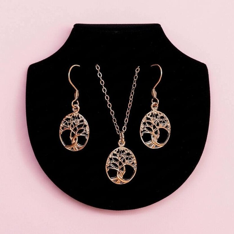 Tree of Life Rose Gold necklace earrings set,18 inch - - LadybugfeetDesigns -