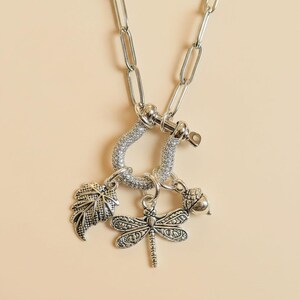Forest Friends Dragonfly Shackle Clasp Carabiner Necklace, Silver - 20 inch - - LadybugfeetDesigns -