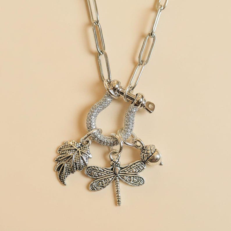 Forest Friends Dragonfly Shackle Clasp Carabiner Necklace, Silver - 20 inch - - LadybugfeetDesigns -