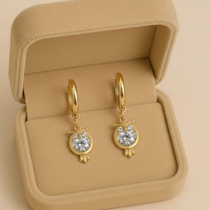 CZ Owl Hoop earrings, Gold -12mm - - LadybugfeetDesigns -