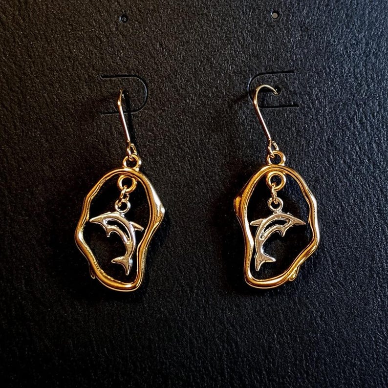 Dolphin dangle earrings, Two-Tone - - LadybugfeetDesigns -