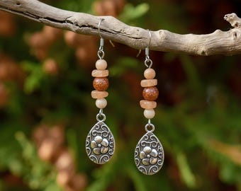 Teardrop Flower Beaded Sunstone Hook Earrings, Silver