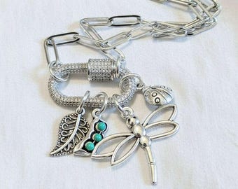 Large Dragonfly, Garden Friends Carabiner Necklace, Silver - 20 inch