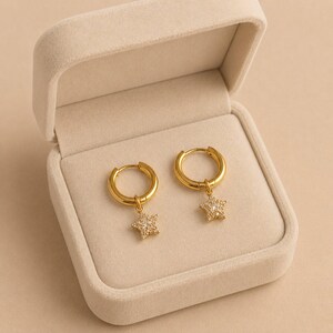 Dazzling CZ Star Hoop earrings, Gold - 12mm - - LadybugfeetDesigns -
