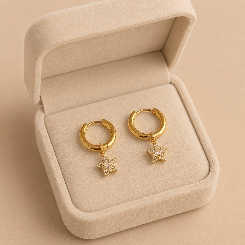 Dazzling CZ Star Hoop earrings, Gold - 12mm - - LadybugfeetDesigns -