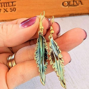 Abalone Feather dangle earrings, Gold - - LadybugfeetDesigns -