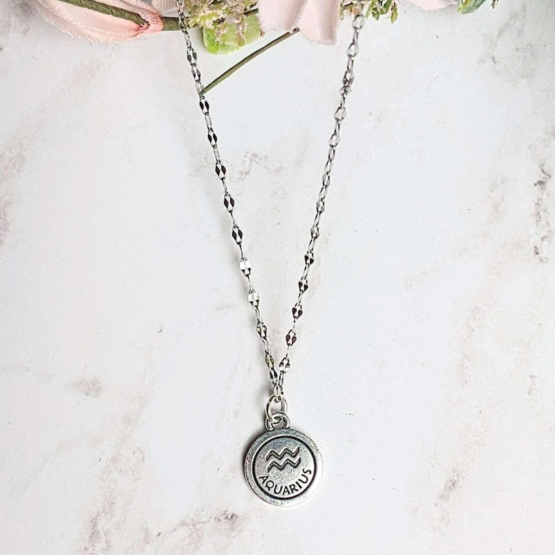 Double Sided Zodiac Coin Necklace, Silver - 24 inch - - LadybugfeetDesigns -